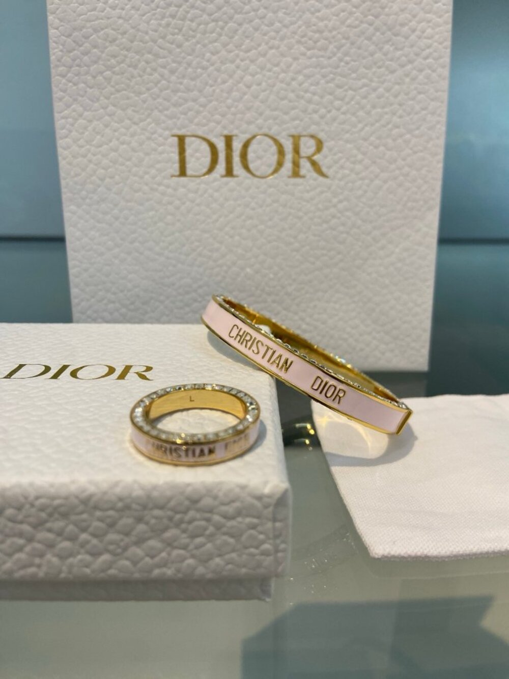 Dior Gold-Tone Pink Enamel Crystal Bangle Bracelet & Ring Set